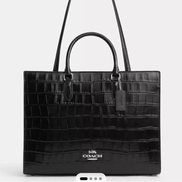 Coach Black Croc Embossed Leather Tote Laptop Bag EUC - Picture 1 of 11